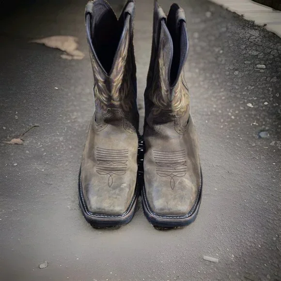 Justin Stampede Brown Leather Square Toe Western Cowboy Boots Mens Size 9.5 EE